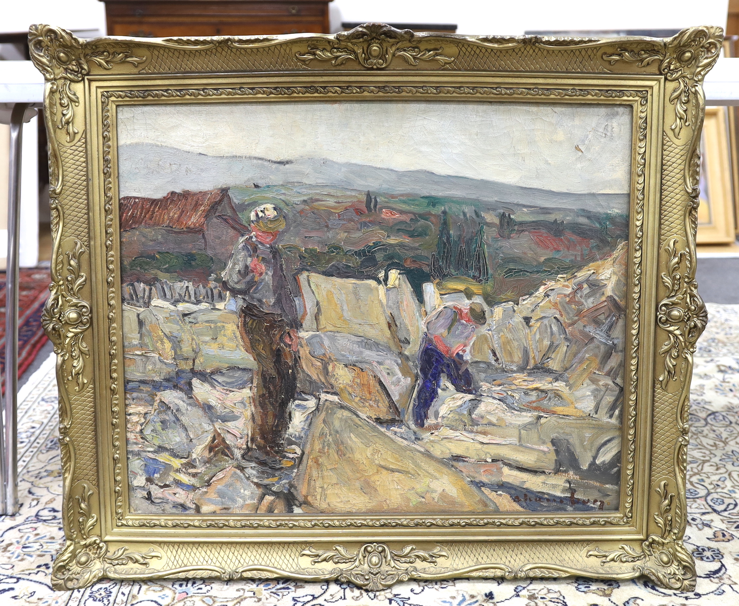 Eastern European School, oil on canvas, Stone breakers in a quarry, indistinctly signed, 58 x 71cm